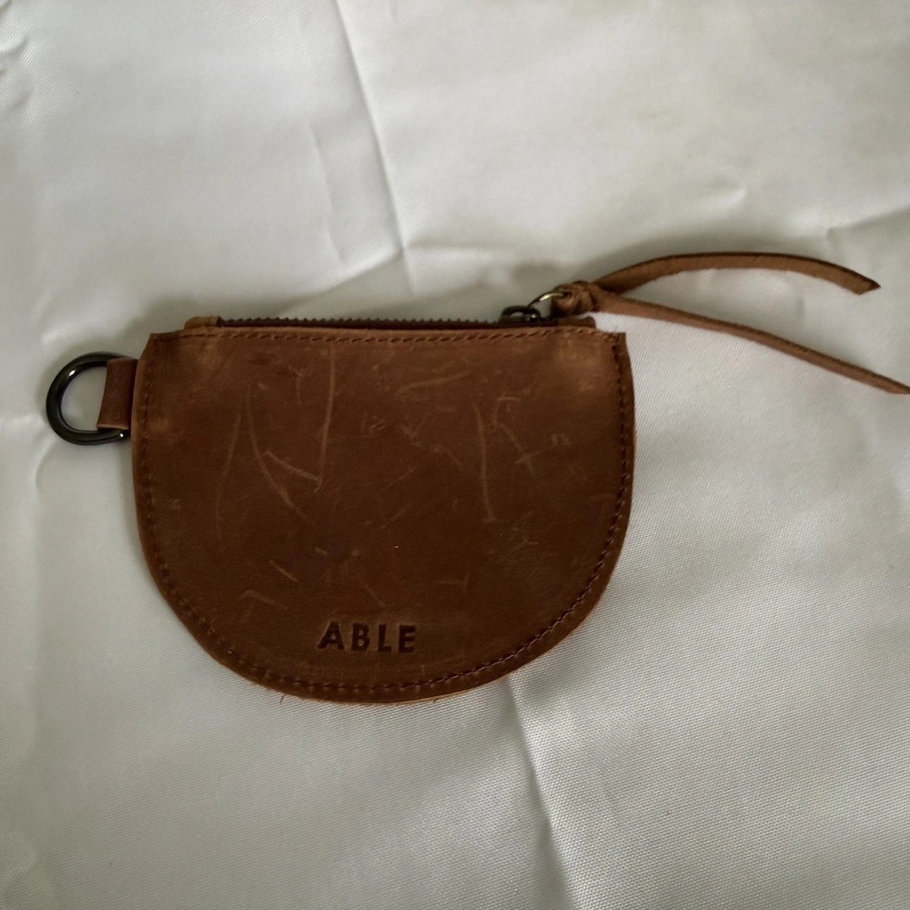 ABLE Leather Brown Keychain Bag Charm Wallet Pouch Tassel Zip